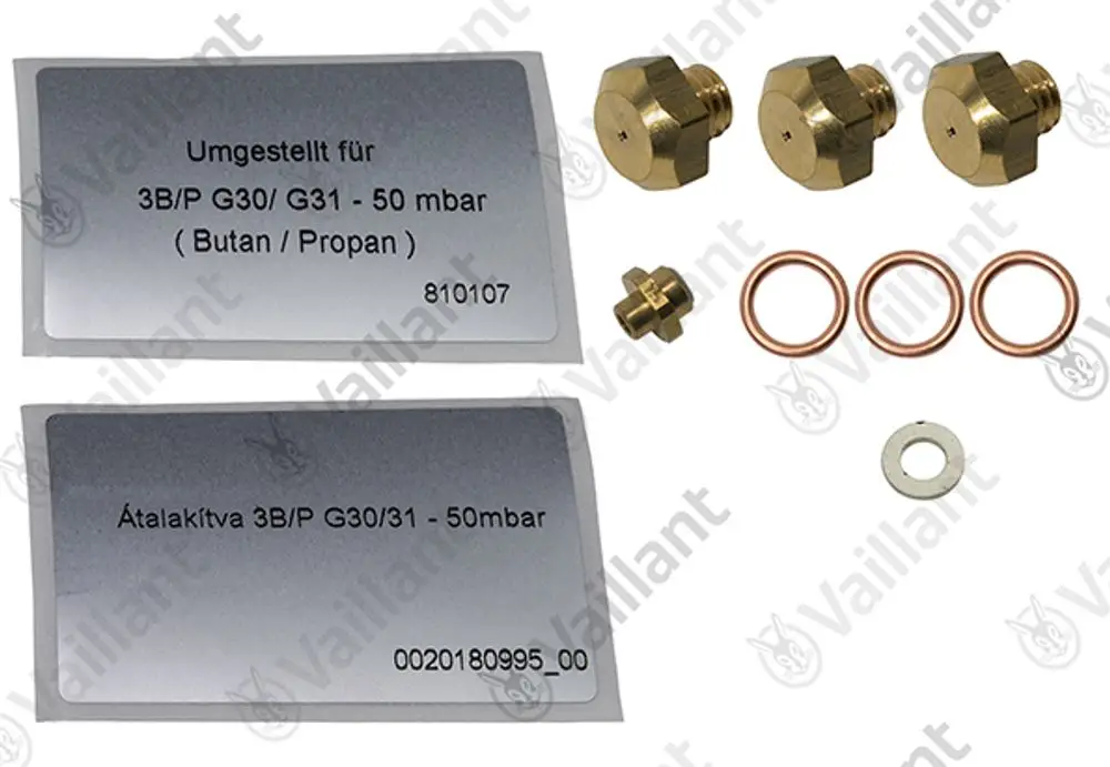 Vaillant Umstellsatz mit zwei Metalldichtungen, drei Kupfer-Ringen und zwei Gewindeadaptern, für die Anpassung von Gasgeräten auf Butan/Propangas.